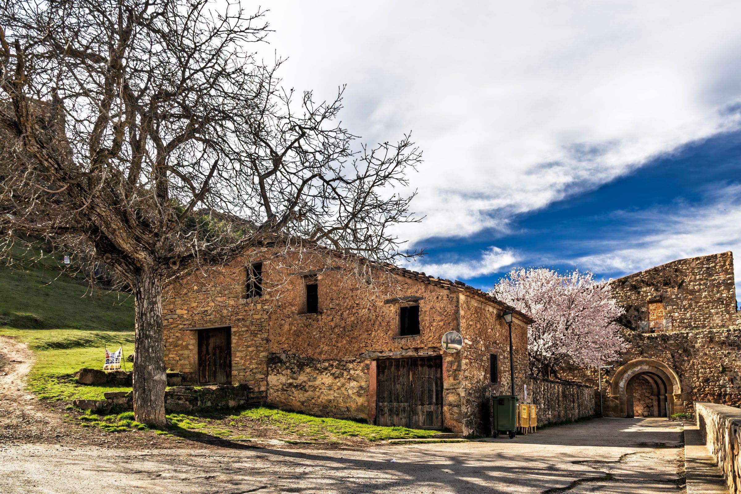 Casa de piedra con un almendro en flor junto a un camino de tierra